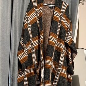 Buckle Plaid Open-Front Shawl Cardigan in Charcoal, Brown & White